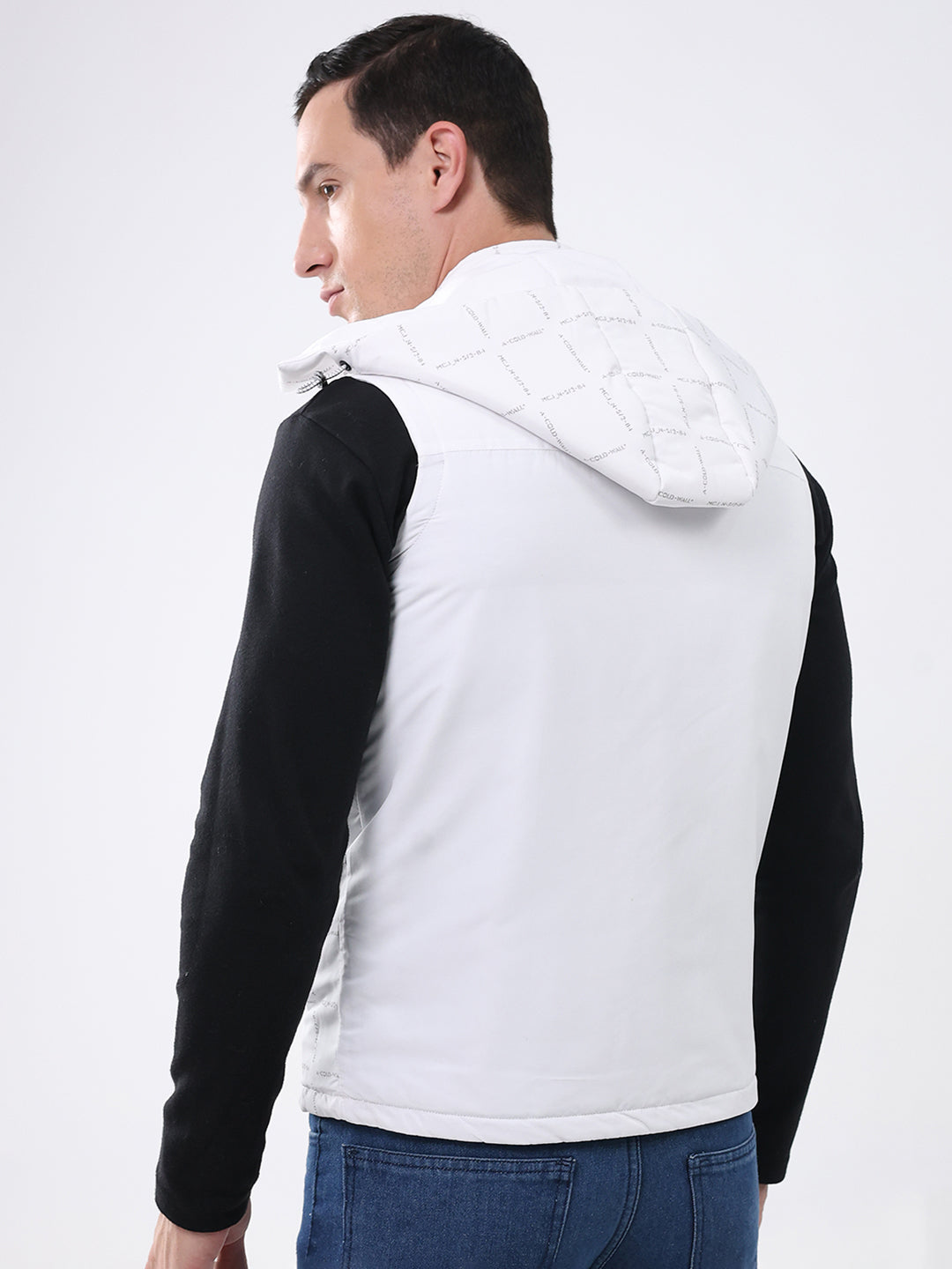 Men White Solid Detachable Hood Sleeveless Reversible Jacket