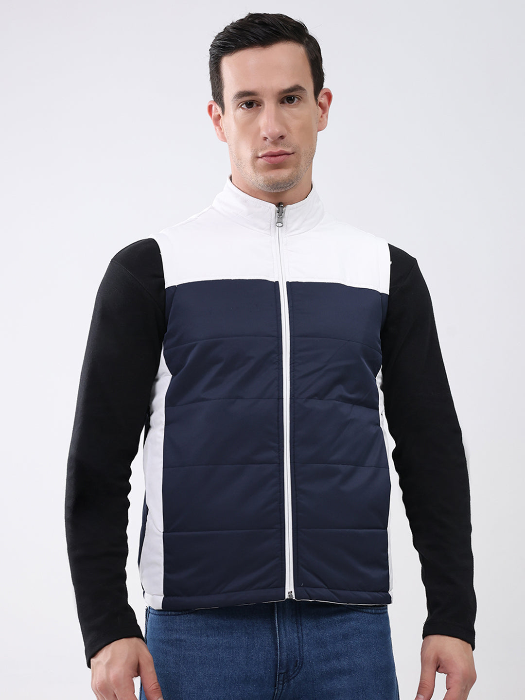 Men White Solid Detachable Hood Sleeveless Reversible Jacket