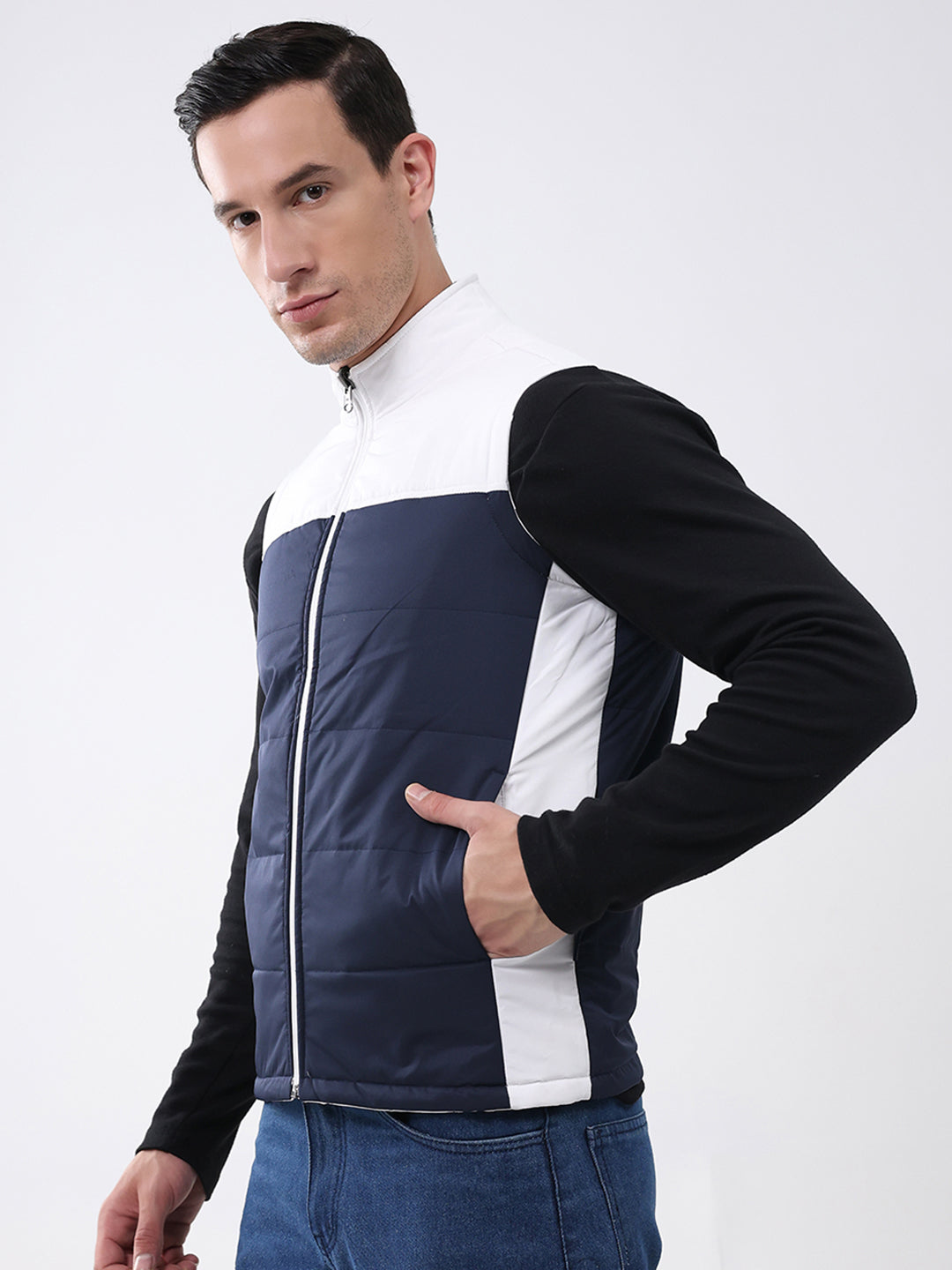 Men White Solid Detachable Hood Sleeveless Reversible Jacket