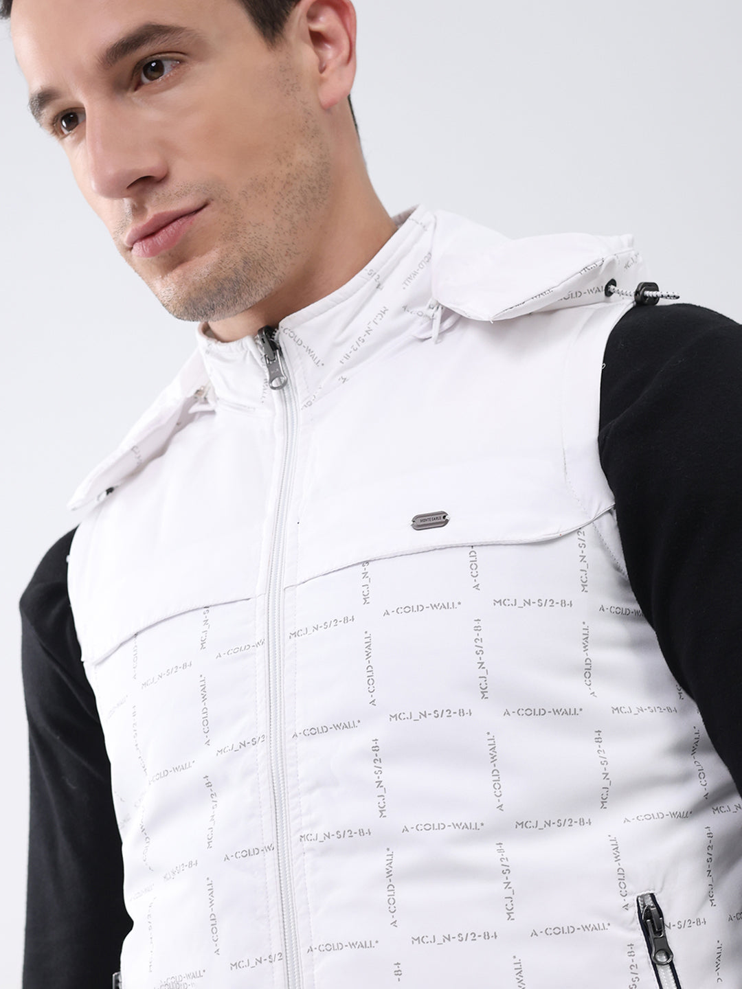 Men White Solid Detachable Hood Sleeveless Reversible Jacket