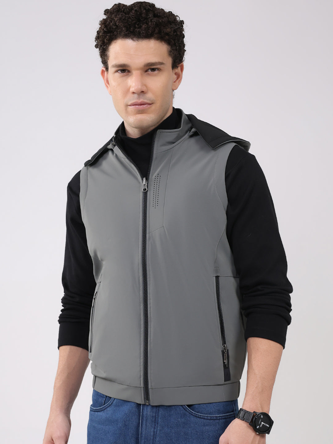 Men Olive Solid Hooded Sleeveless Reversible Jacket