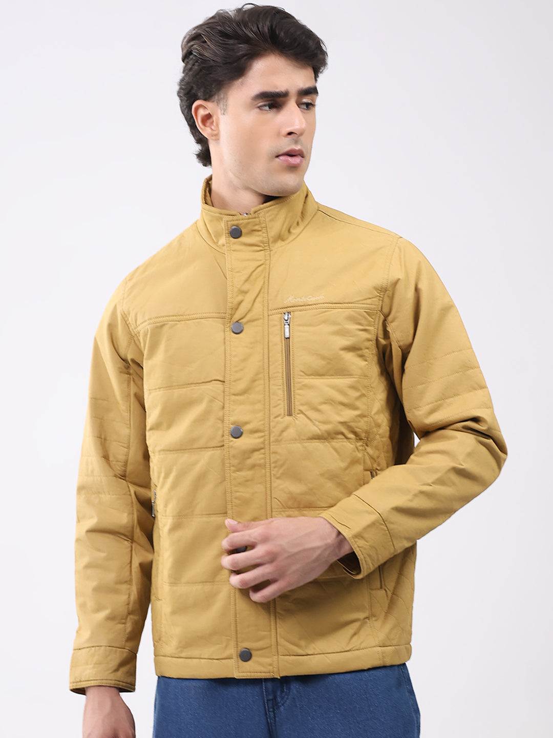 Men Yellow Solid Collar Full Sleeve Jacket