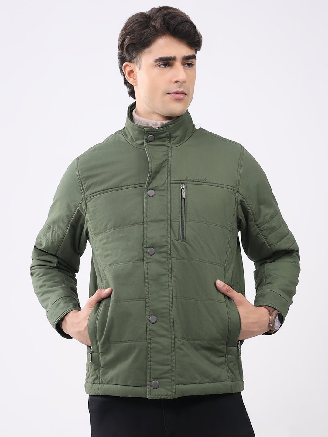 Men Olive Solid Collar Full Sleeve Jacket