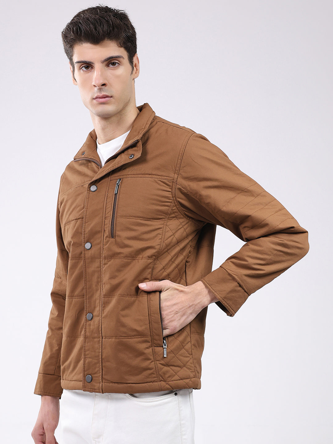 Men Brown Solid Collar Full Sleeve Jacket