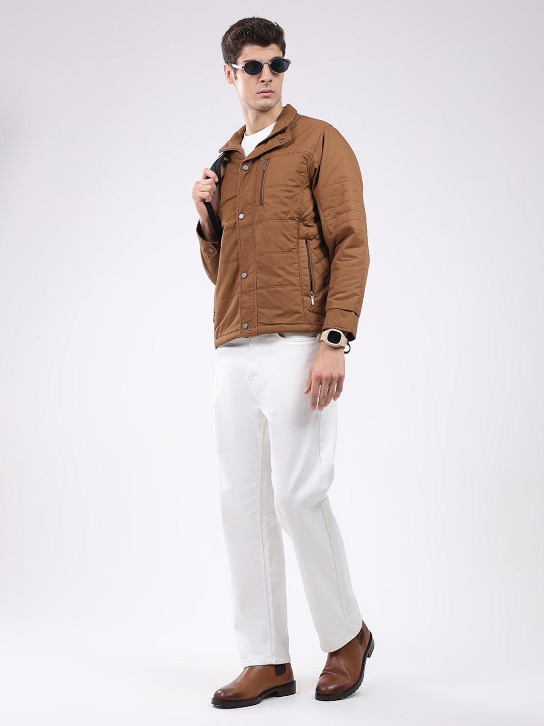 Men Brown Solid Collar Full Sleeve Jacket