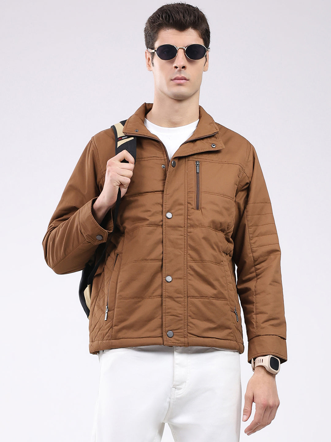 Men Brown Solid Collar Full Sleeve Jacket