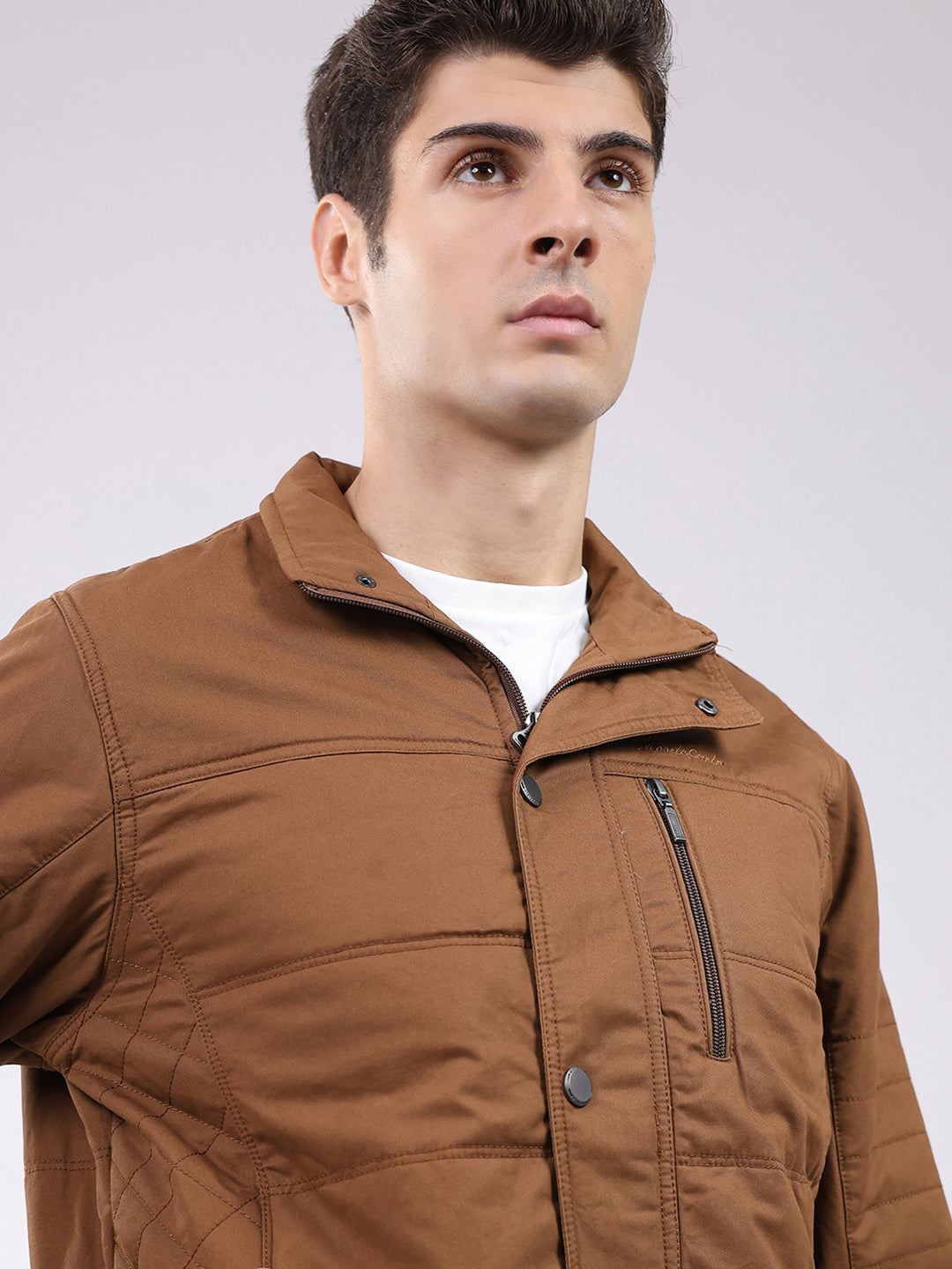 Men Brown Solid Collar Full Sleeve Jacket