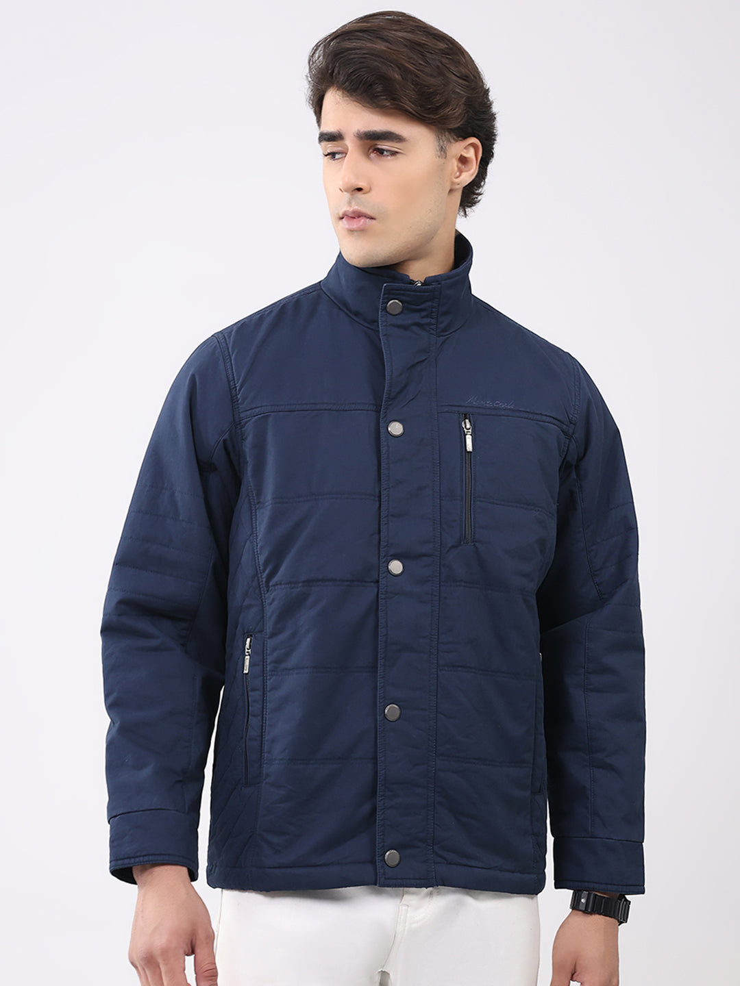 Men Navy Blue Solid Collar Full Sleeve Jacket