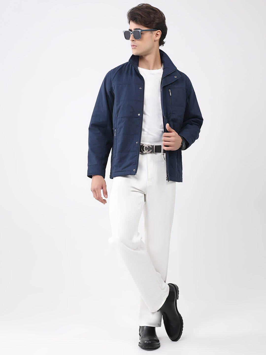 Men Navy Blue Solid Collar Full Sleeve Jacket