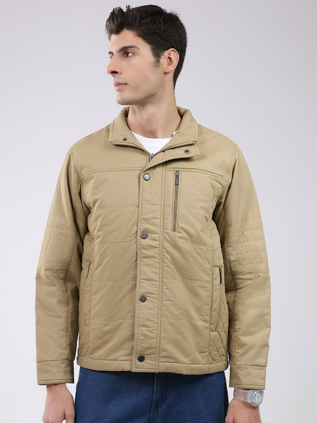 Men Khaki Solid Collar Full Sleeve Jacket