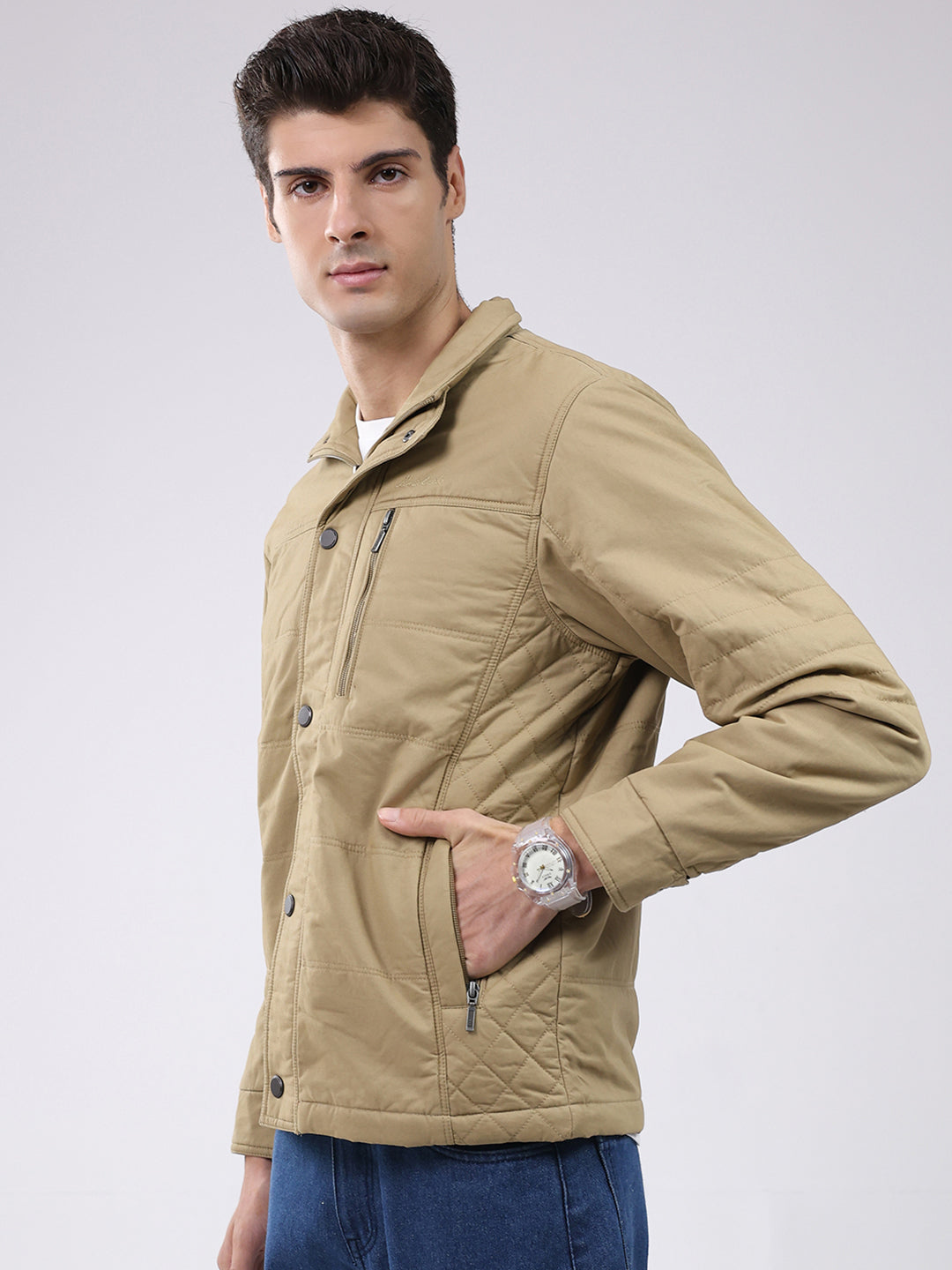 Men Khaki Solid Collar Full Sleeve Jacket