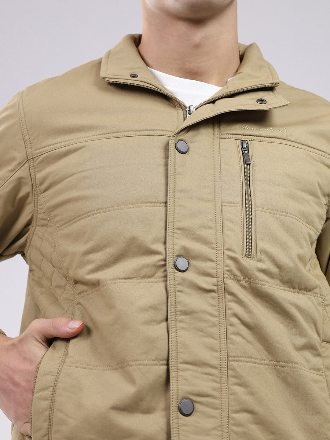 Men Khaki Solid Collar Full Sleeve Jacket