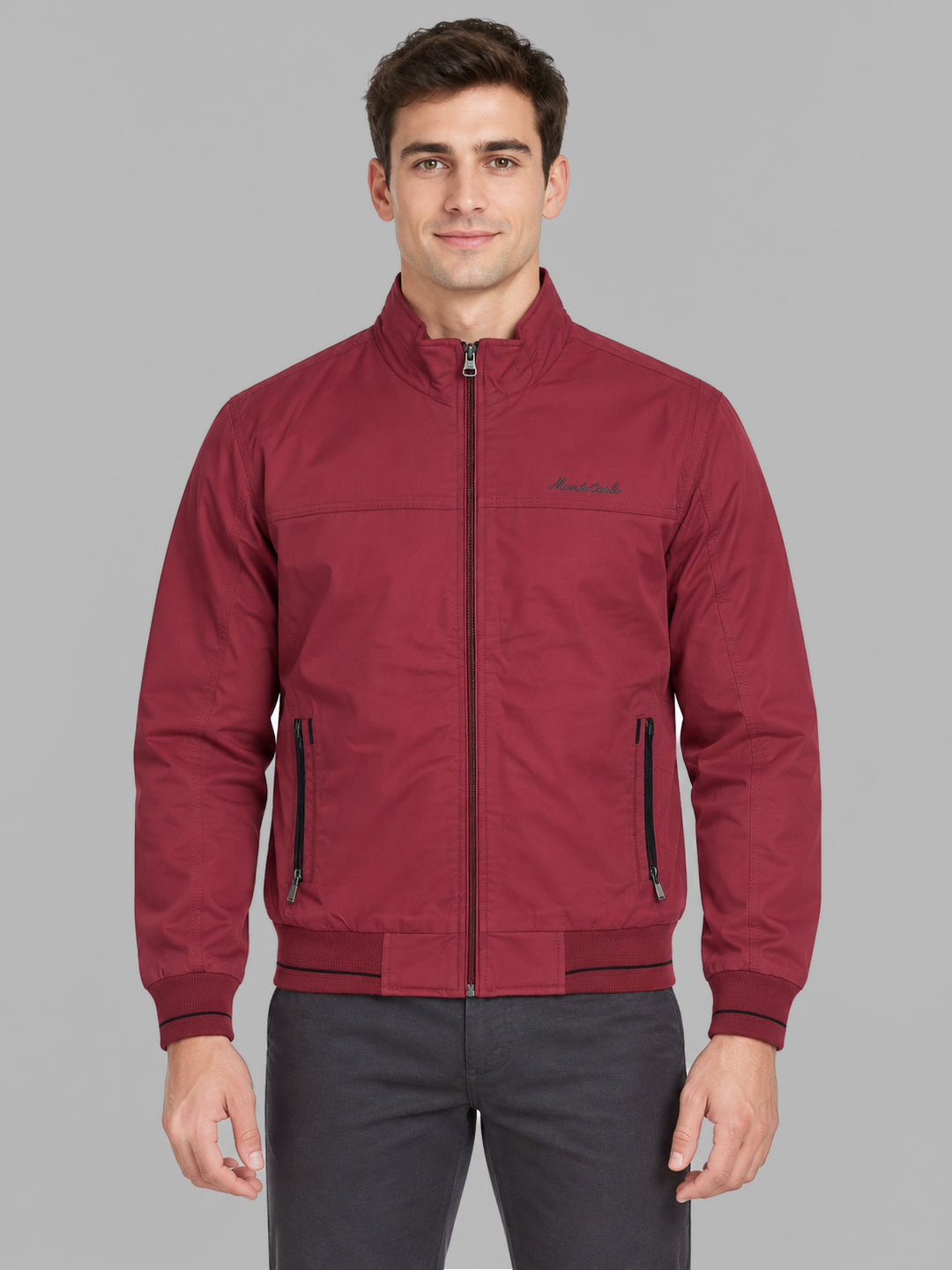 Men Red Solid Mock Neck Full Sleeve Jacket