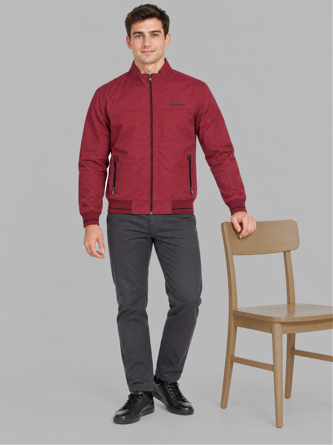 Men Red Solid Mock Neck Full Sleeve Jacket