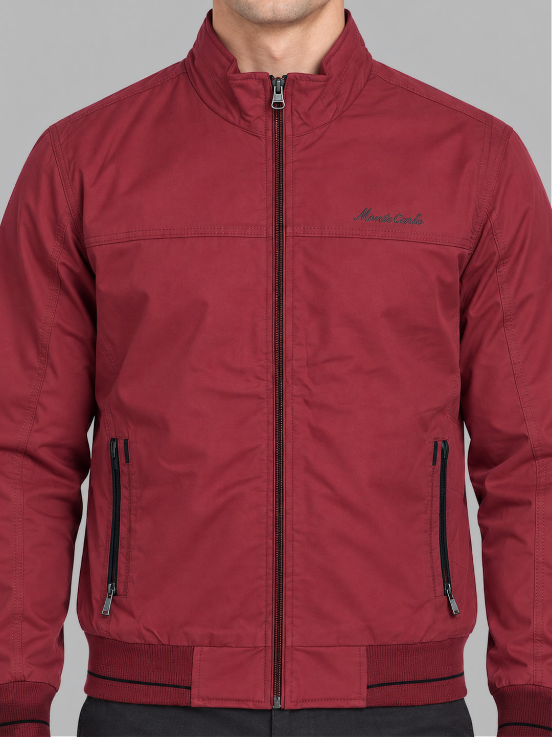 Men Red Solid Mock Neck Full Sleeve Jacket