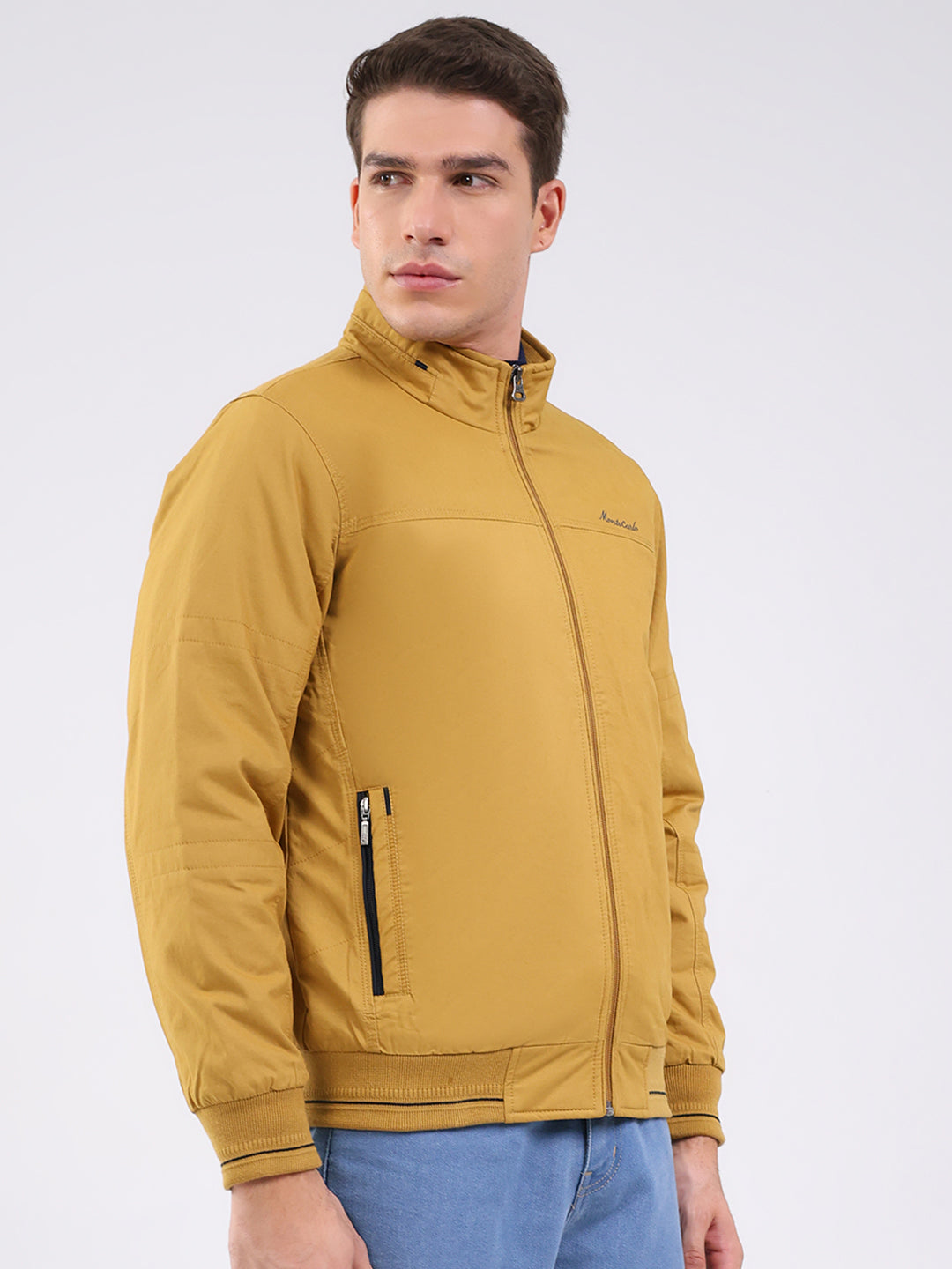 Men Mustard Solid Mock Neck Full Sleeve Jacket