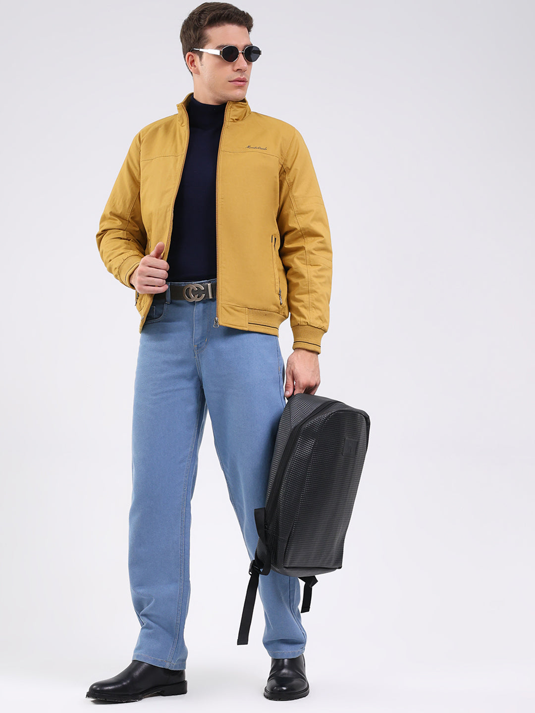 Men Mustard Solid Mock Neck Full Sleeve Jacket