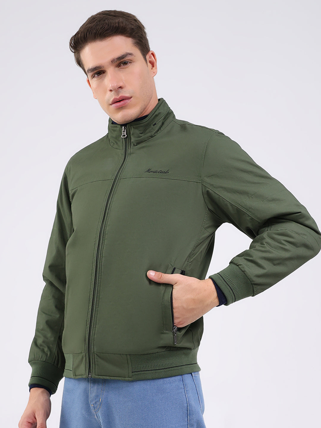 Men Olive Solid Mock Neck Full Sleeve Jacket