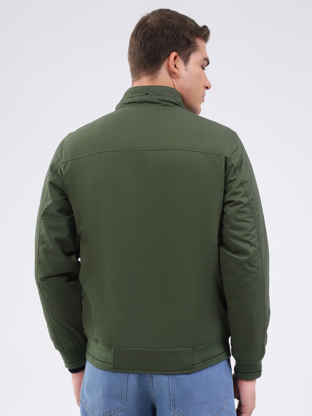 Men Olive Solid Mock Neck Full Sleeve Jacket