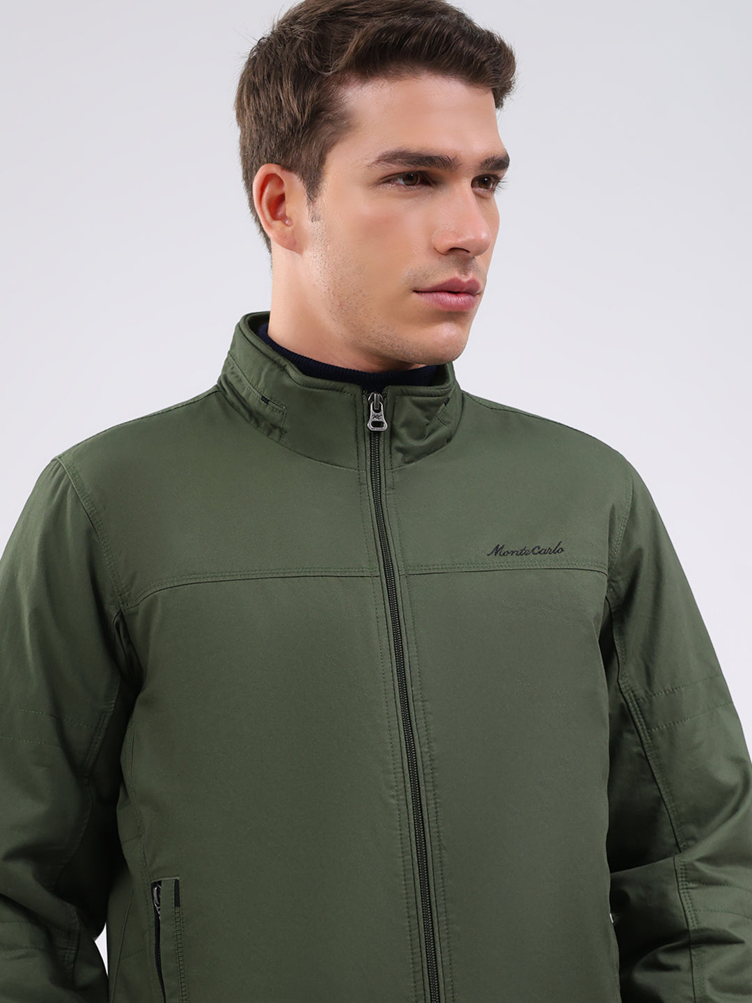 Men Olive Solid Mock Neck Full Sleeve Jacket