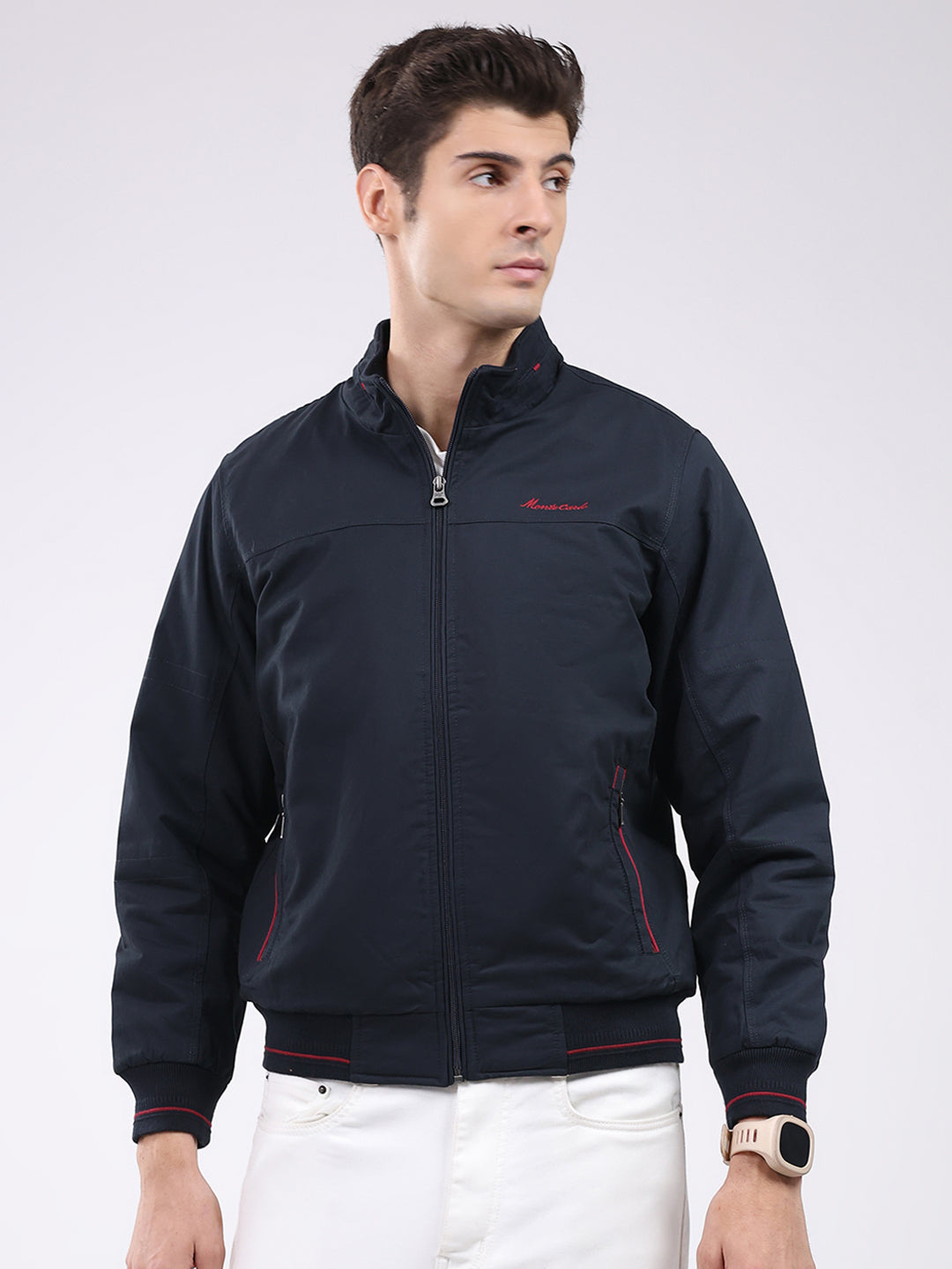 Men Navy Blue Solid Collar Full Sleeve Jacket