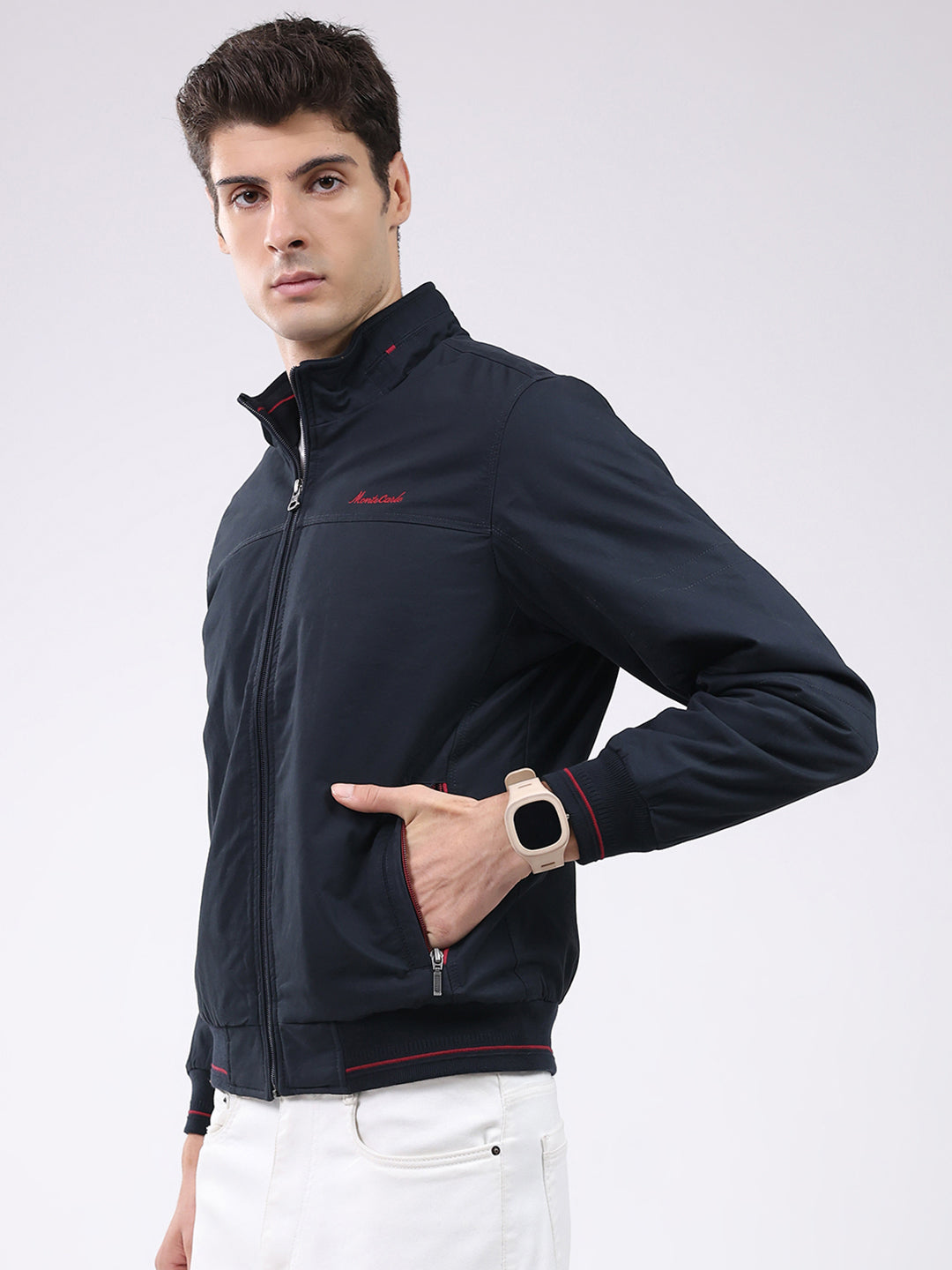Men Navy Blue Solid Collar Full Sleeve Jacket