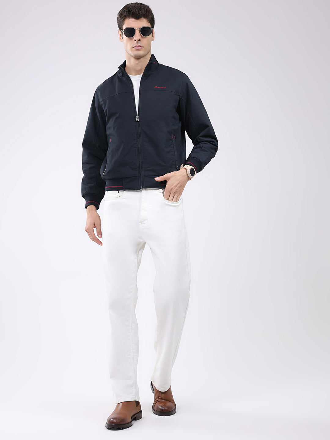 Men Navy Blue Solid Collar Full Sleeve Jacket