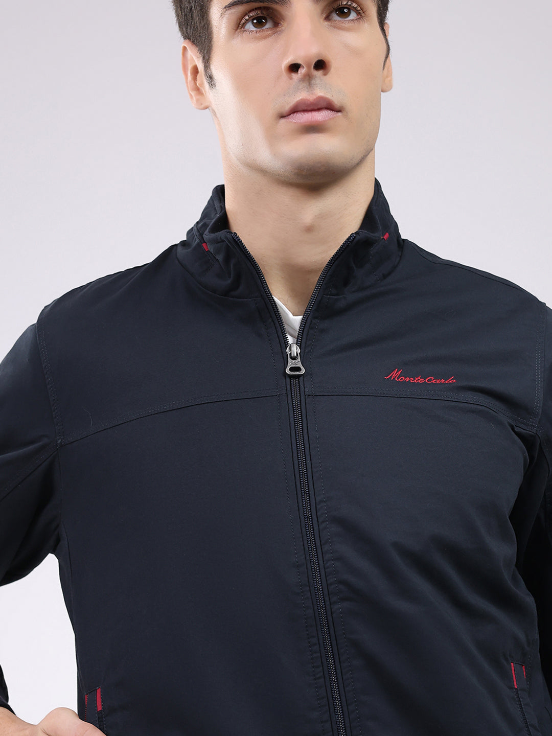 Men Navy Blue Solid Collar Full Sleeve Jacket