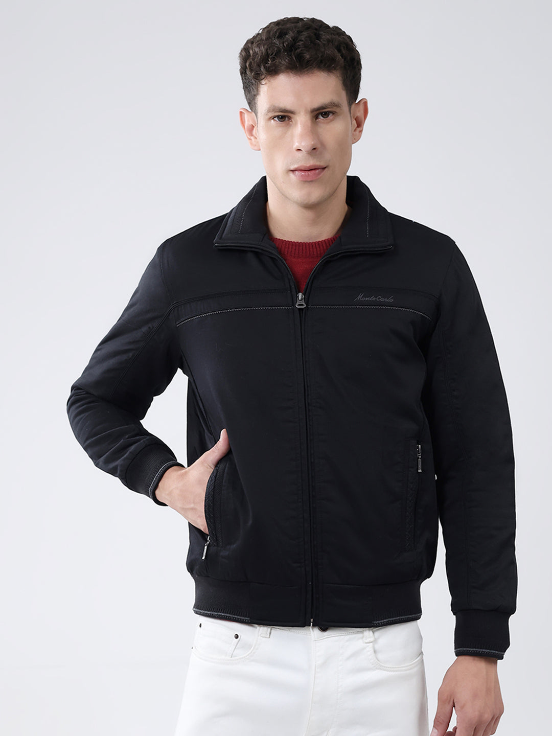 Men Black Solid Collar Full Sleeve Jacket