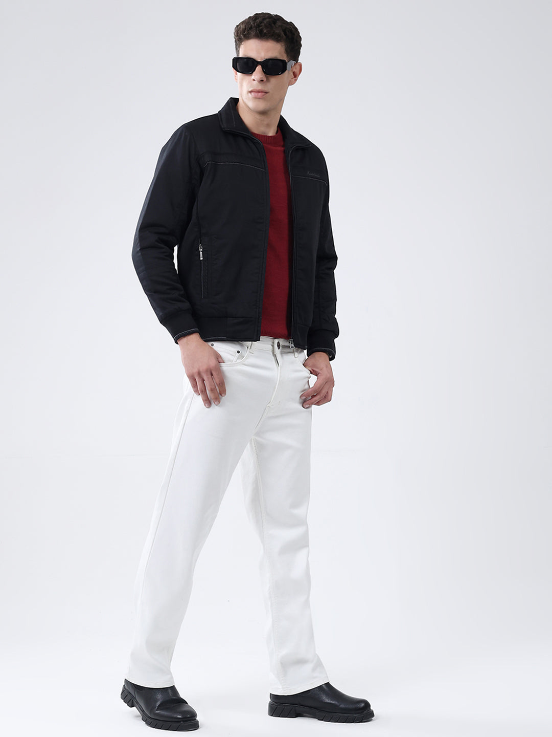 Men Black Solid Collar Full Sleeve Jacket