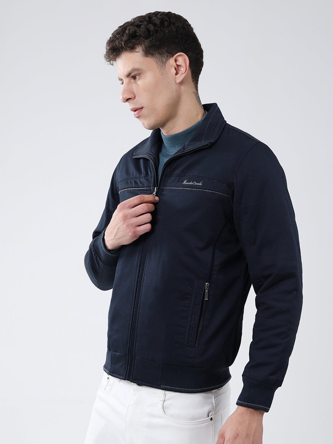 Men Navy Blue Solid Collar Full Sleeve Jacket