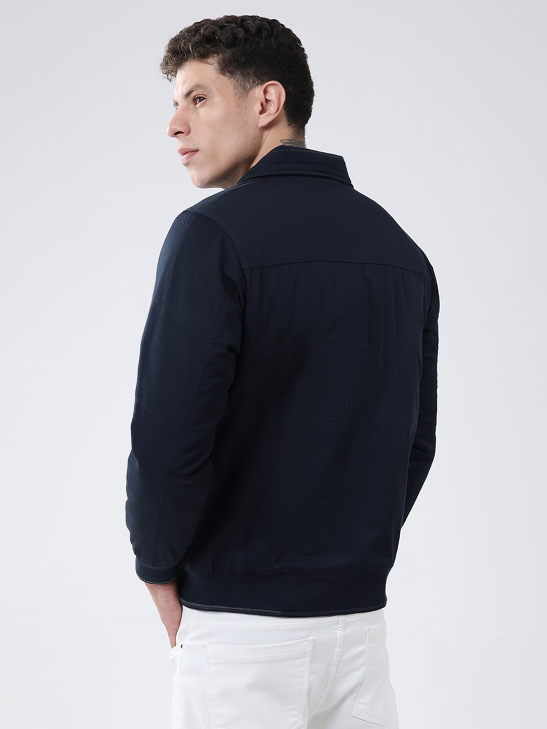 Men Navy Blue Solid Collar Full Sleeve Jacket
