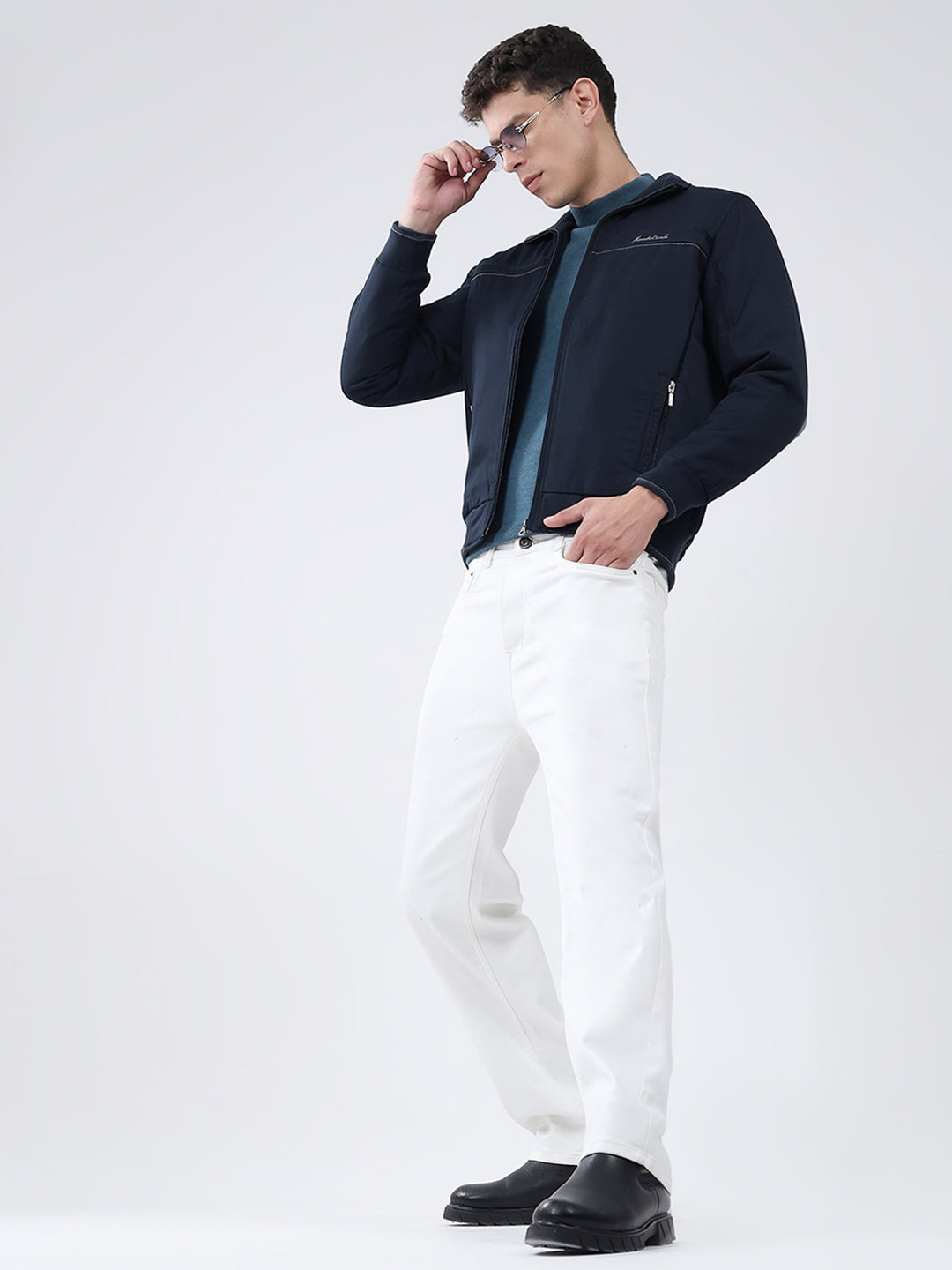 Men Navy Blue Solid Collar Full Sleeve Jacket