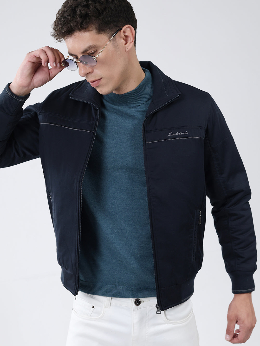 Men Navy Blue Solid Collar Full Sleeve Jacket