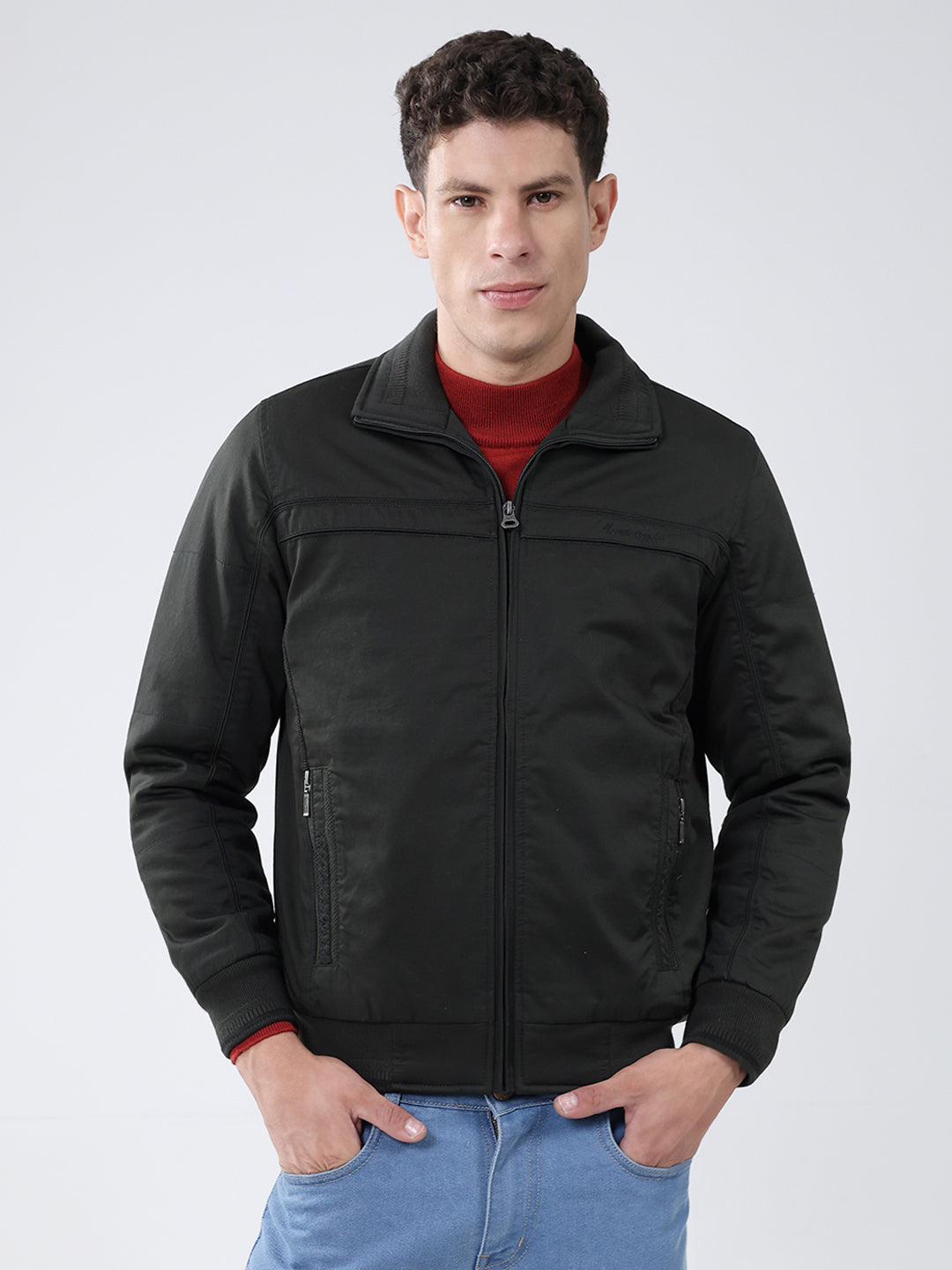 Men Olive Solid Collar Full Sleeve Jacket