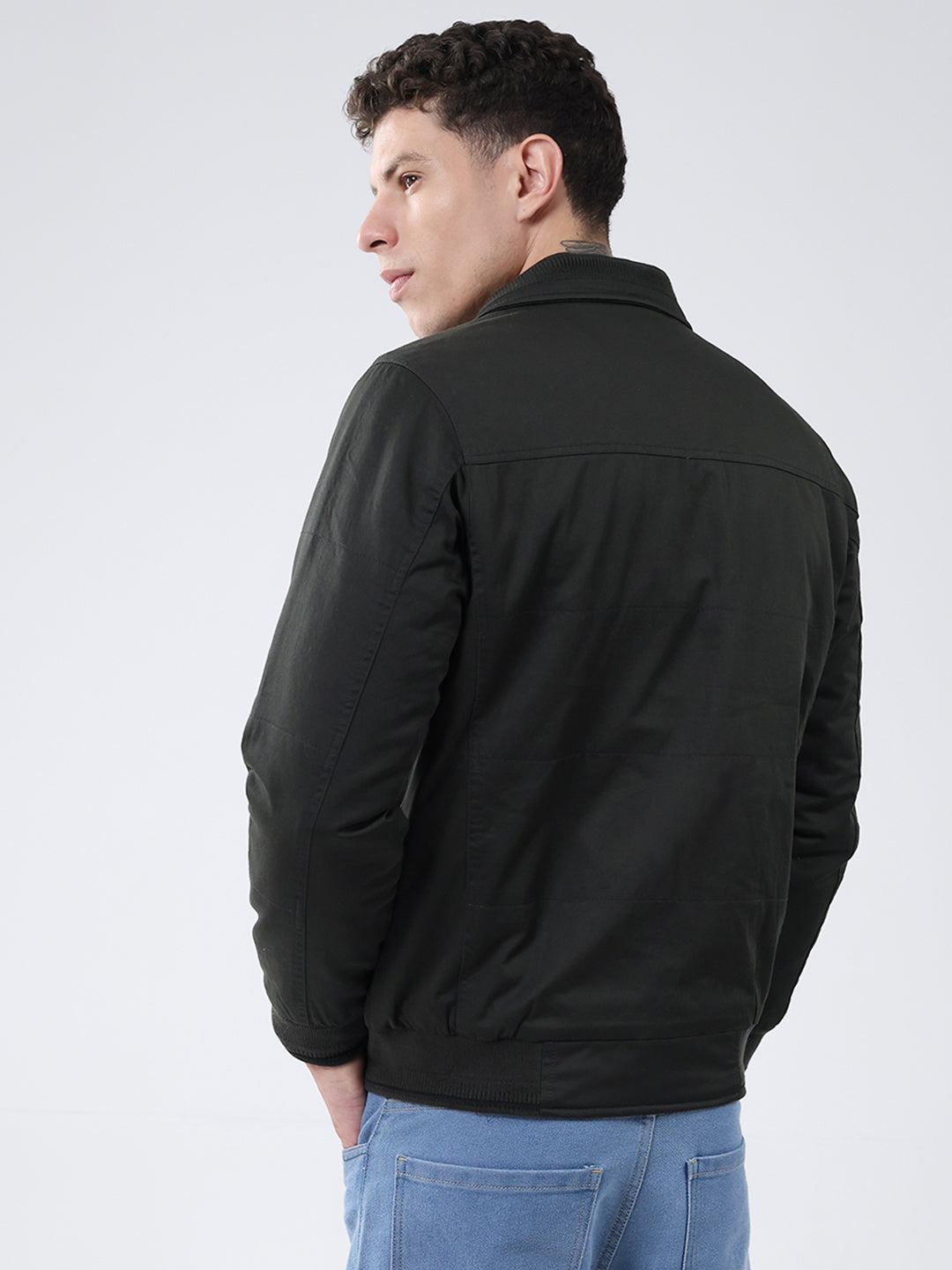 Men Olive Solid Collar Full Sleeve Jacket