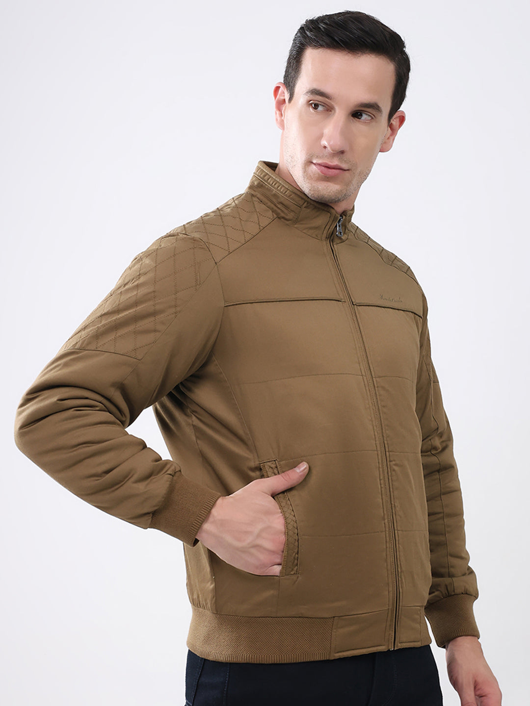 Men Brown Solid Mock Neck Full Sleeve Jacket