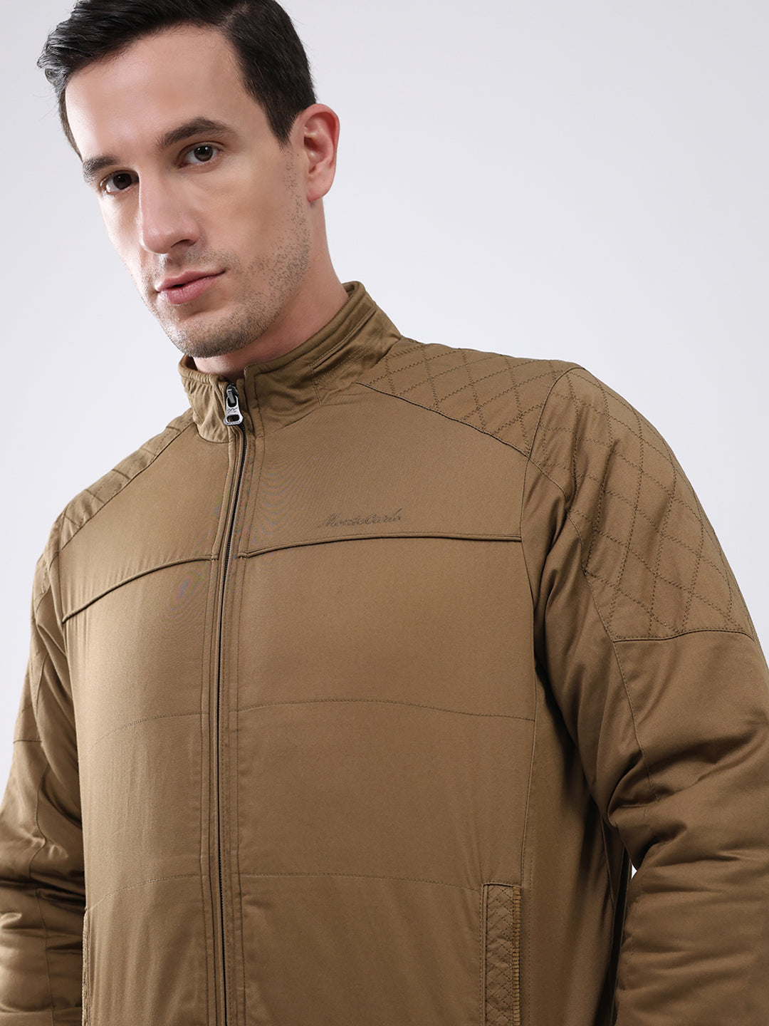 Men Brown Solid Mock Neck Full Sleeve Jacket