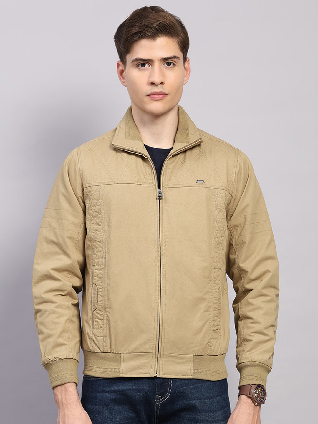 Men Khaki Solid Collar Full Sleeve Jacket