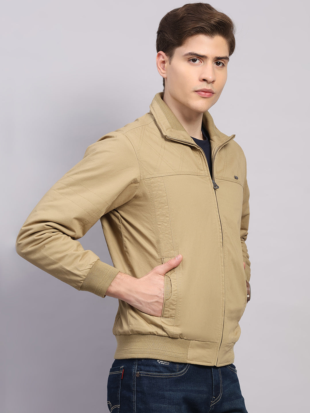 Men Khaki Solid Collar Full Sleeve Jacket