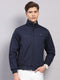 Men Navy Blue Solid Collar Full Sleeve Jacket