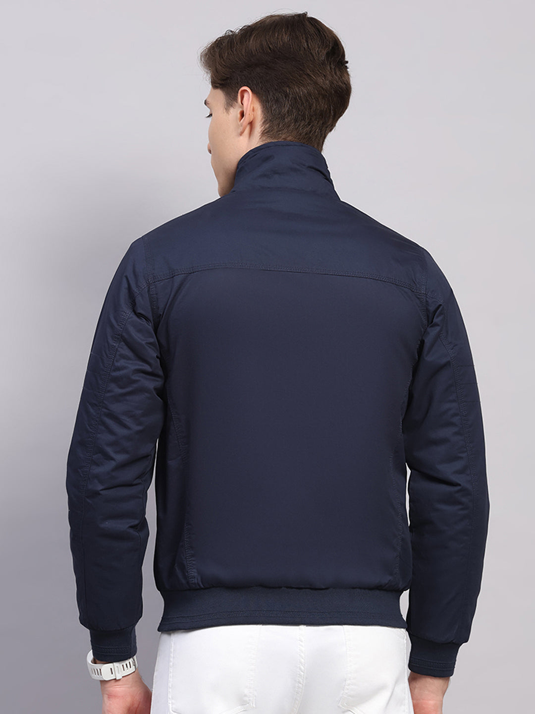 Men Navy Blue Solid Collar Full Sleeve Jacket