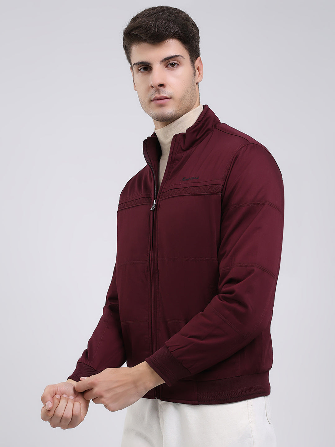 Men Burgundy Solid Mock Neck Full Sleeve Jacket