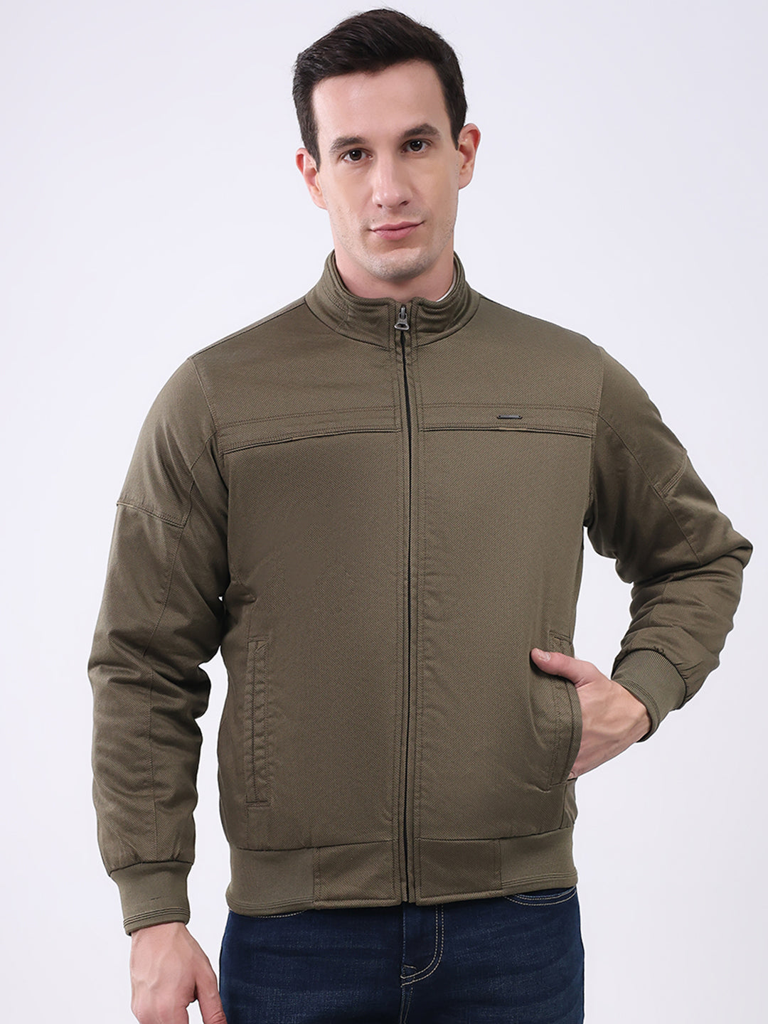 Men Olive Solid Mock Neck Full Sleeve Jacket