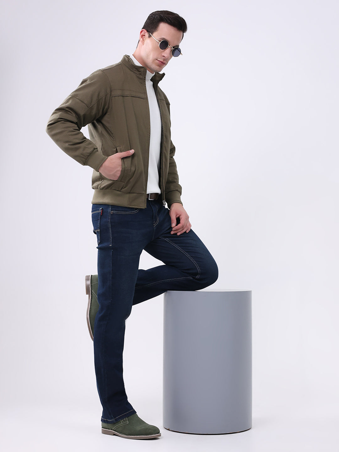 Men Olive Solid Mock Neck Full Sleeve Jacket