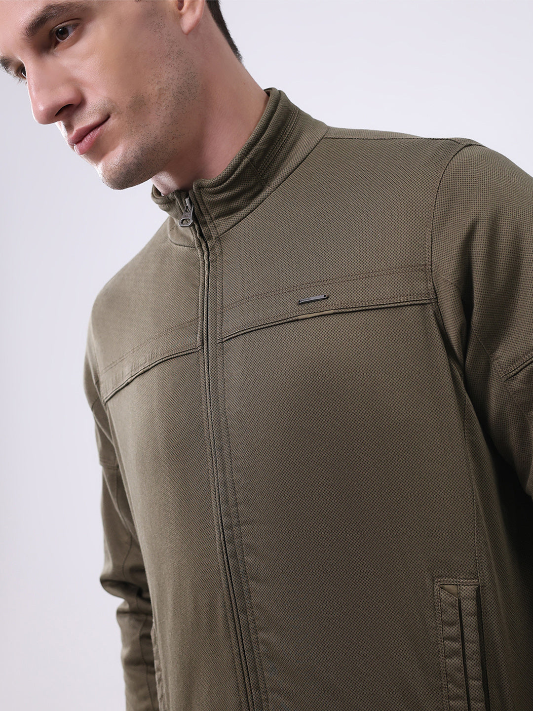 Men Olive Solid Mock Neck Full Sleeve Jacket