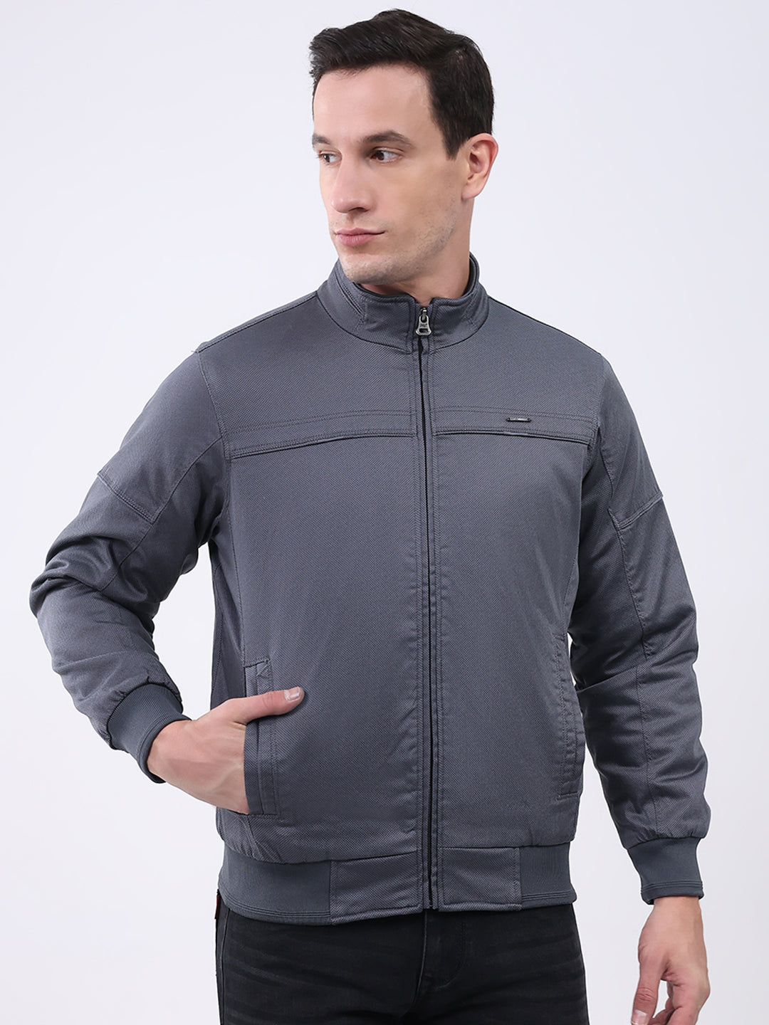 Men Grey Solid Mock Neck Full Sleeve Jacket