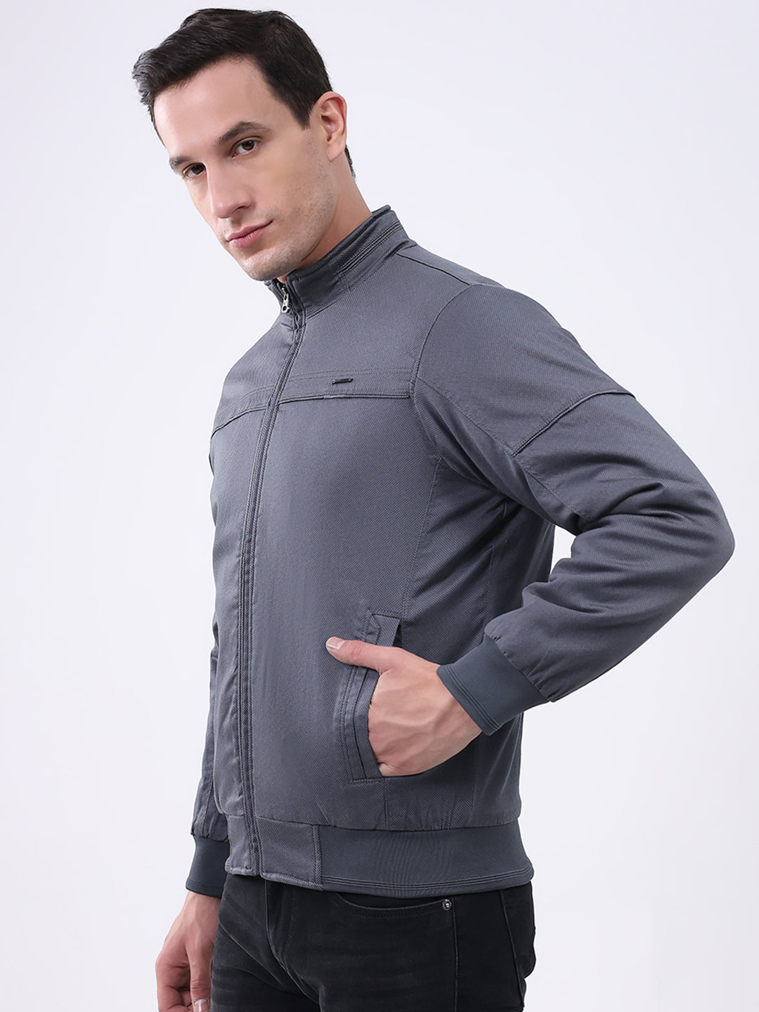 Men Grey Solid Mock Neck Full Sleeve Jacket