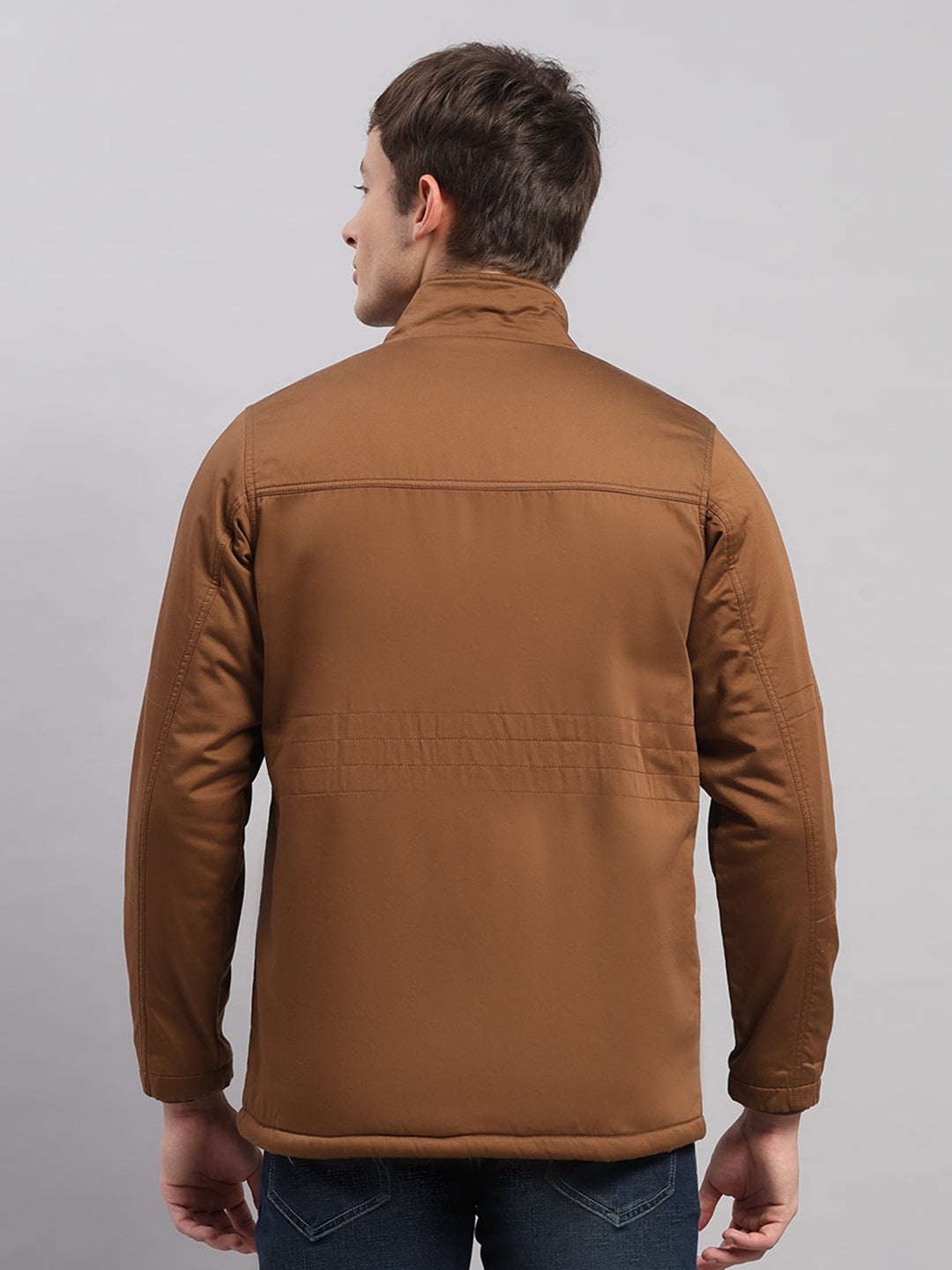 Men Brown Solid Stand Collar Full Sleeve Jacket