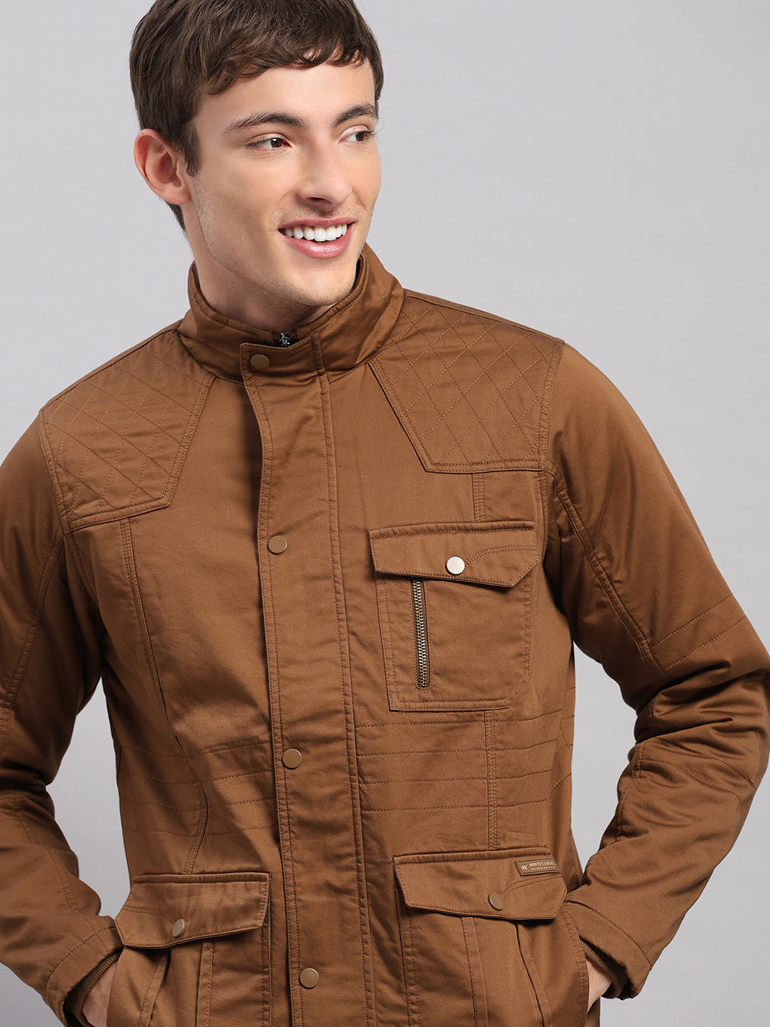 Men Brown Solid Stand Collar Full Sleeve Jacket